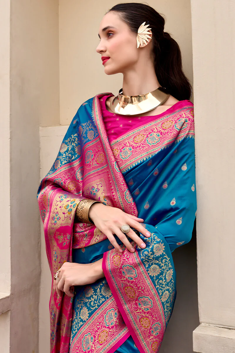 Traditional Blue Soft Banarasi Silk Saree With Opulent Blouse Piece - Image 2
