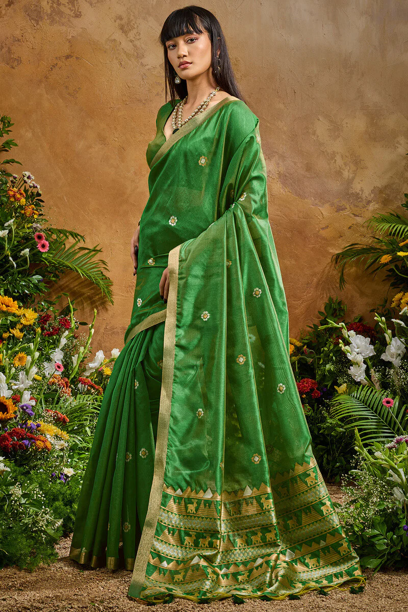 Traditional Green Banarasi Tussar Silk Saree With Glamorous Blouse Piece - Image 3