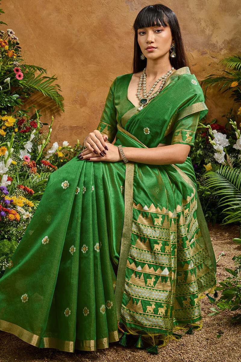 Traditional Green Banarasi Tussar Silk Saree With Glamorous Blouse Piece - Image 5