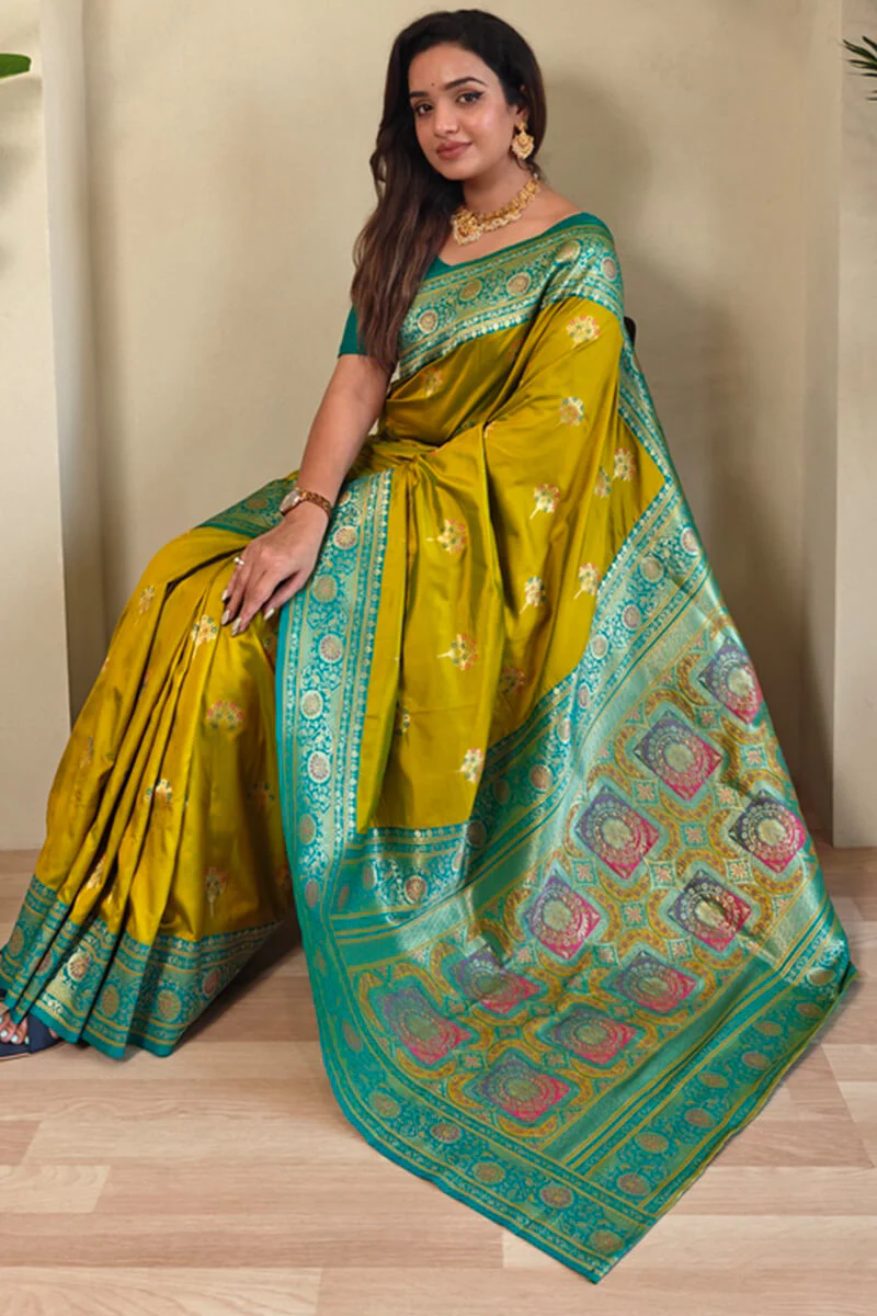Traditional Mustard Soft Banarasi Silk Saree With Conflate Blouse Piece - Image 2