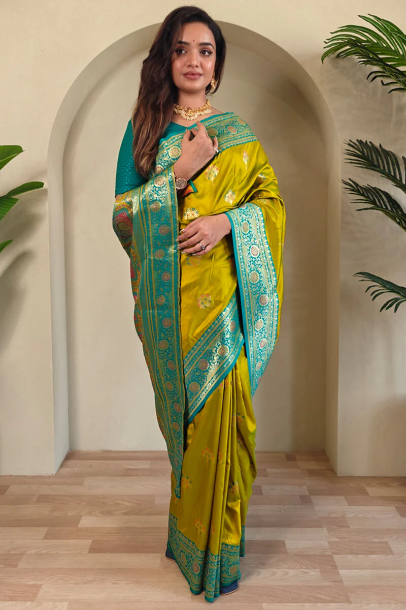 Traditional Mustard Soft Banarasi Silk Saree With Conflate Blouse Piece - Image 4