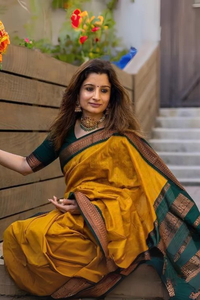 Traditional Mustard Soft Silk Saree With Embellished Blouse Piece - Image 3