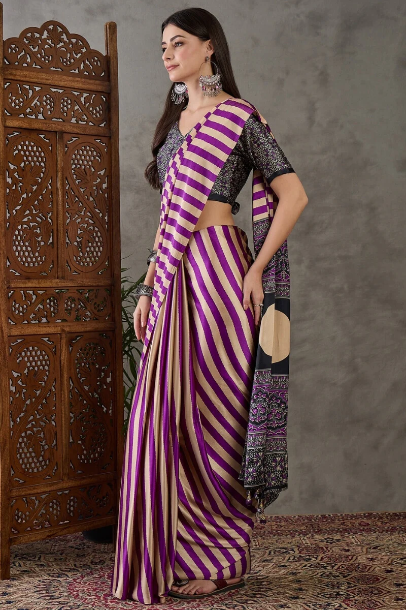 Traditional Purple Ajrakh Printed Semi Modal Silk Saree With Fancifull Blouse Piece - Image 3