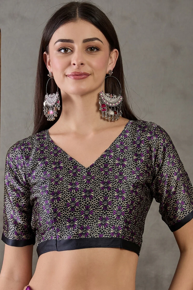 Traditional Purple Ajrakh Printed Semi Modal Silk Saree With Fancifull Blouse Piece - Image 4
