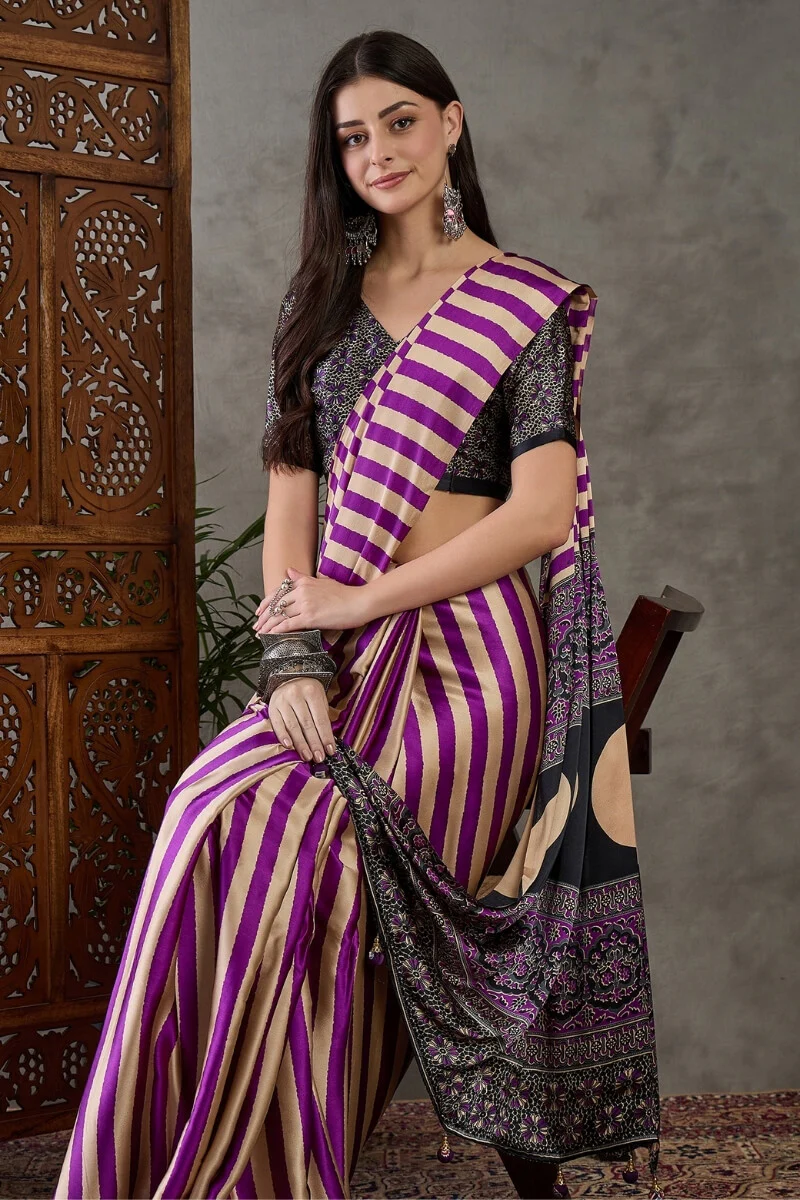 Traditional Purple Ajrakh Printed Semi Modal Silk Saree With Fancifull Blouse Piece - Image 6