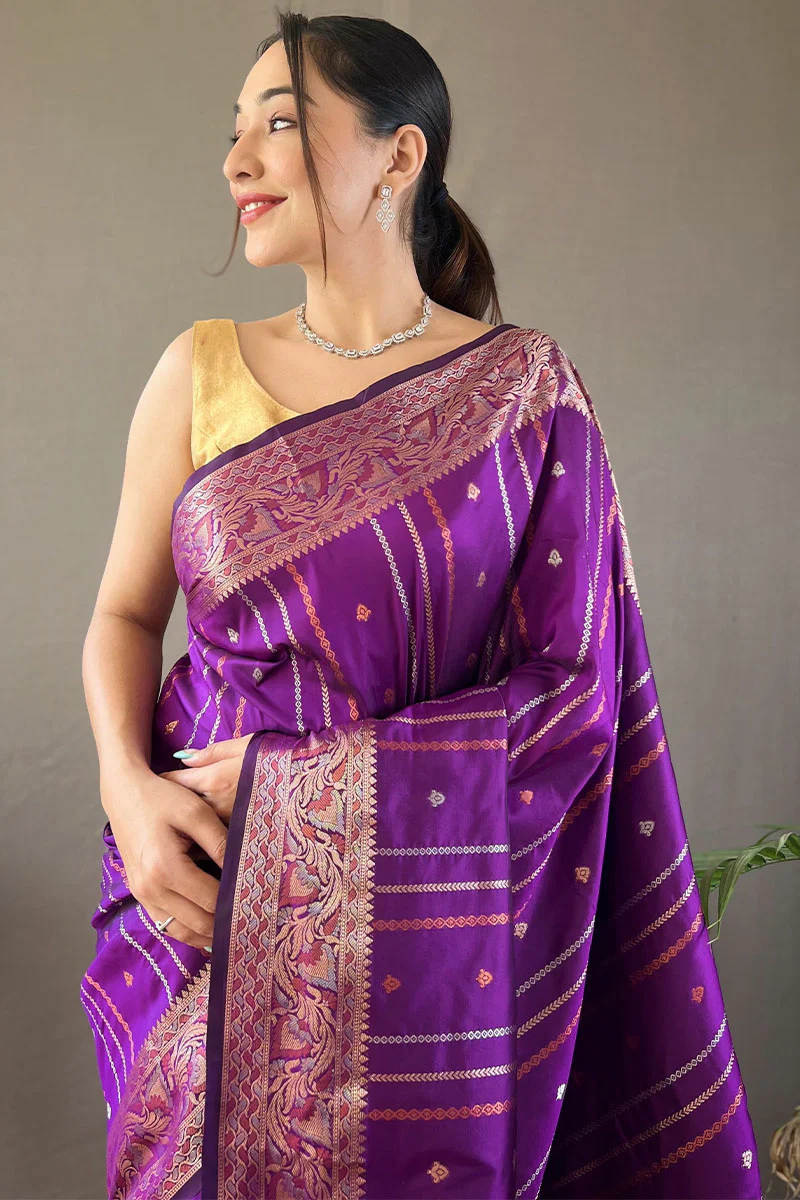 Traditional Purple Soft Banarasi Silk Saree With Preferable Blouse Piece - Image 2