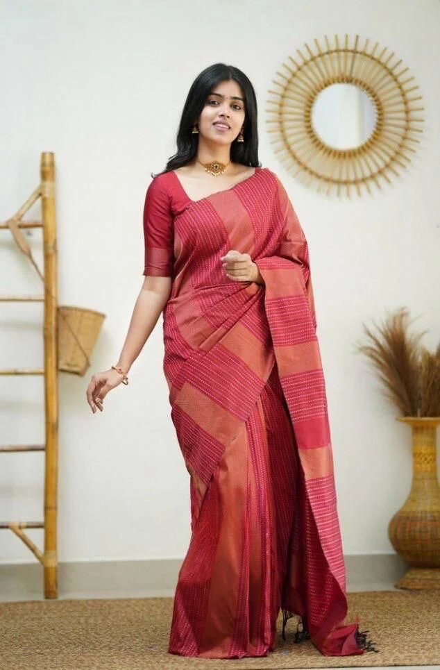 Traditional Red Soft Silk Saree With Twirling Blouse Piece - Image 2