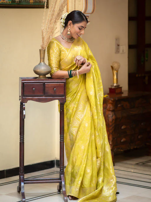 Traditional Yellow Soft Silk Saree With Twirling Blouse Piece - Image 3