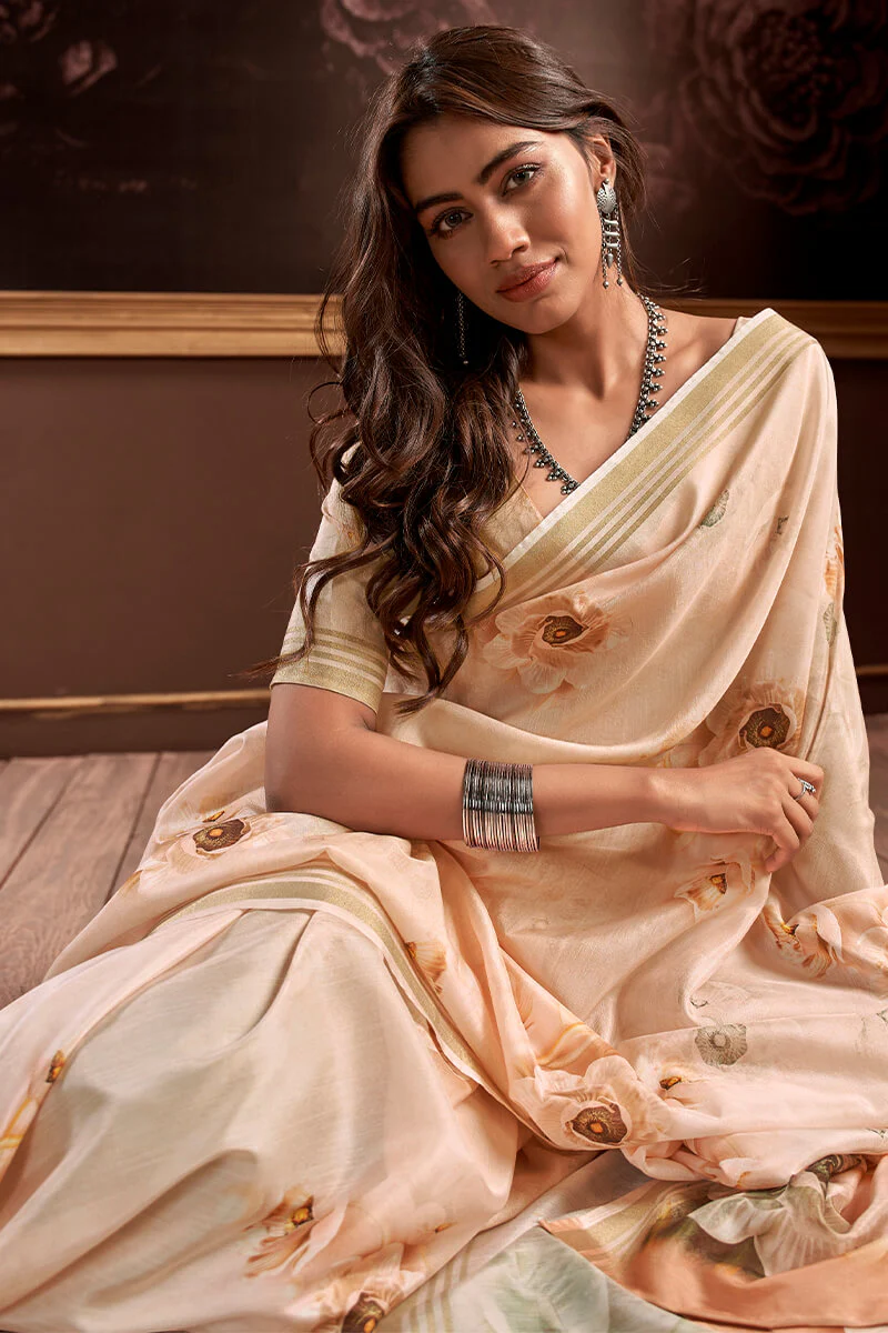 Transcendent Beige Digital Printed Soft Silk Saree With Exemplary Blouse Piece - Image 2