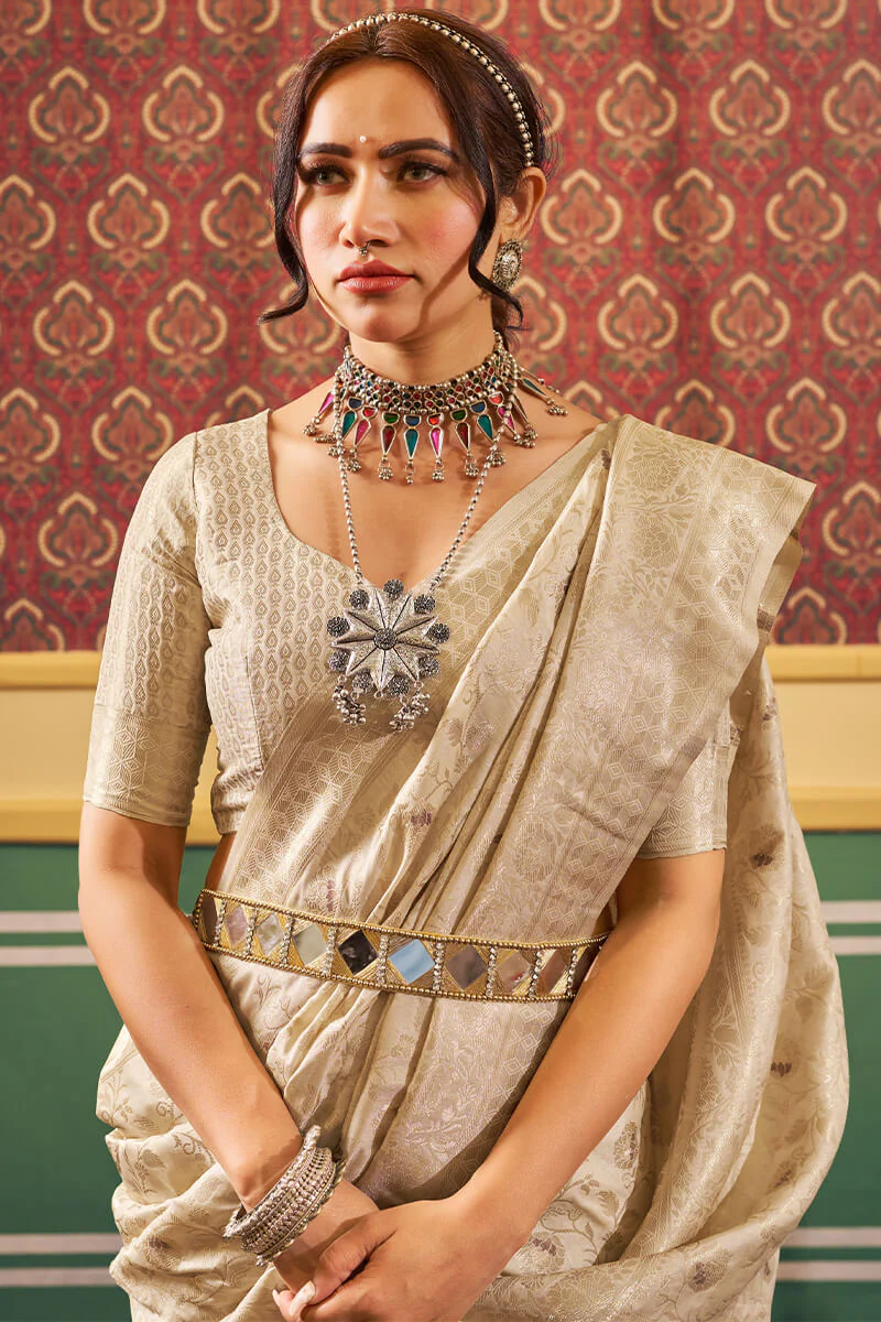 Transcendent Beige Soft Banarasi Silk Saree With Whimsical Blouse Piece - Image 2