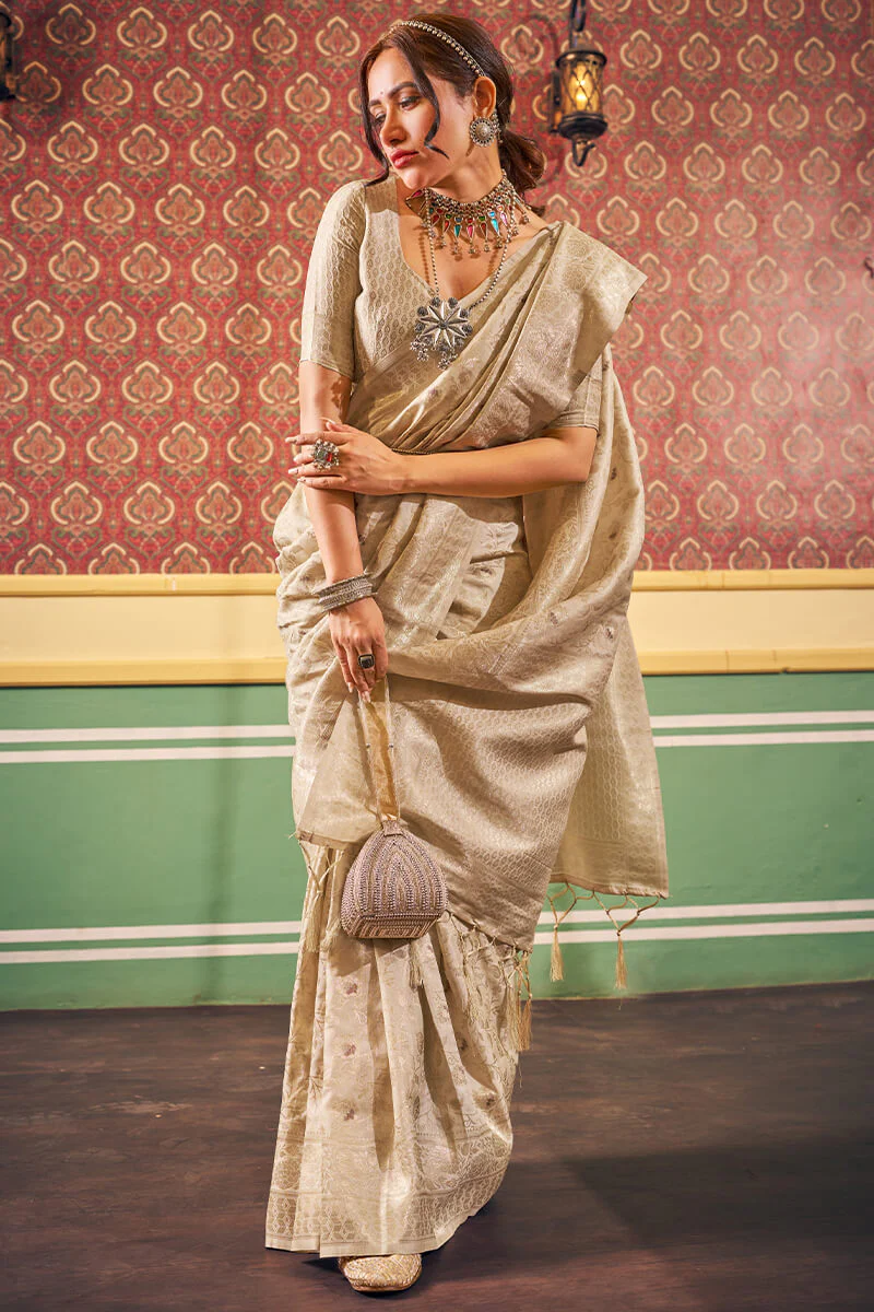 Transcendent Beige Soft Banarasi Silk Saree With Whimsical Blouse Piece - Image 5