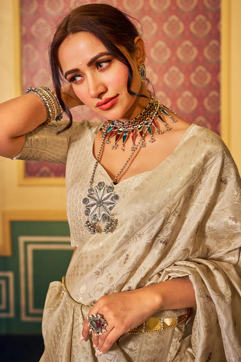 Transcendent Beige Soft Banarasi Silk Saree With Whimsical Blouse Piece - Image 6