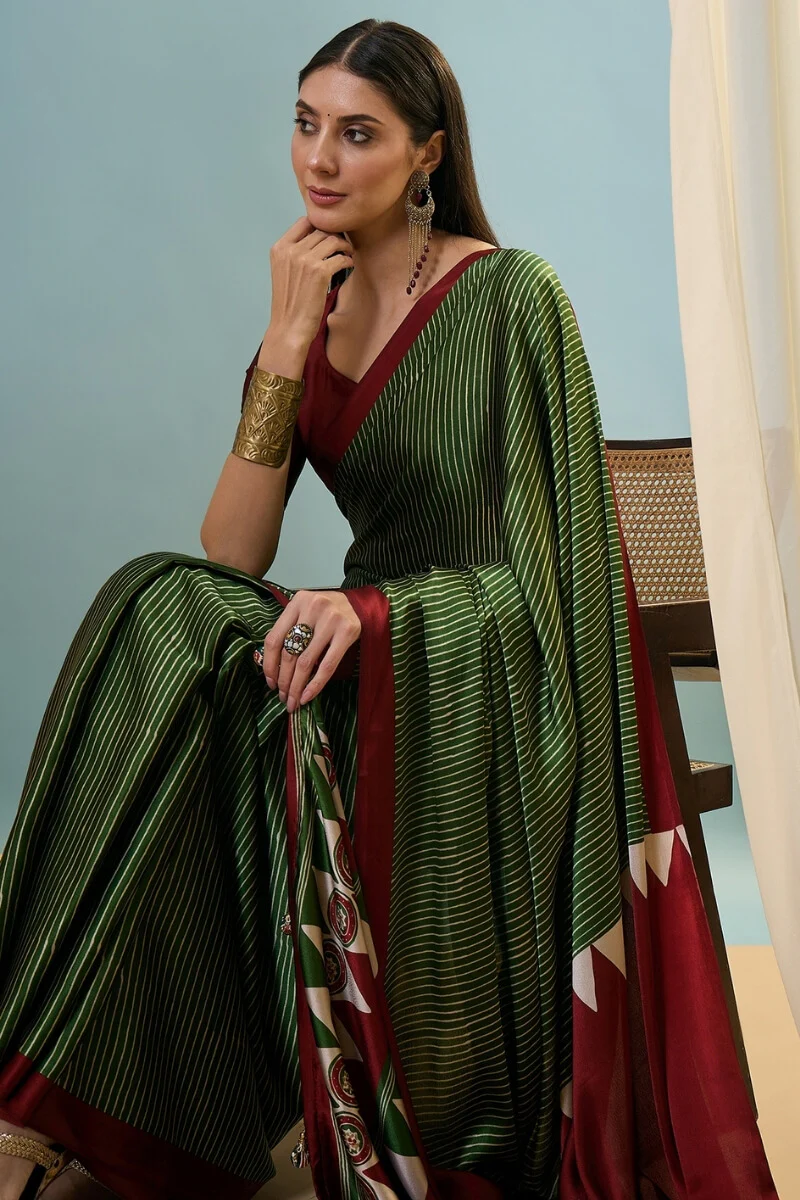 Transcendent Dark Green Ajrakh Printed Semi Modal Silk Saree With Winsome Blouse Piece - Image 2