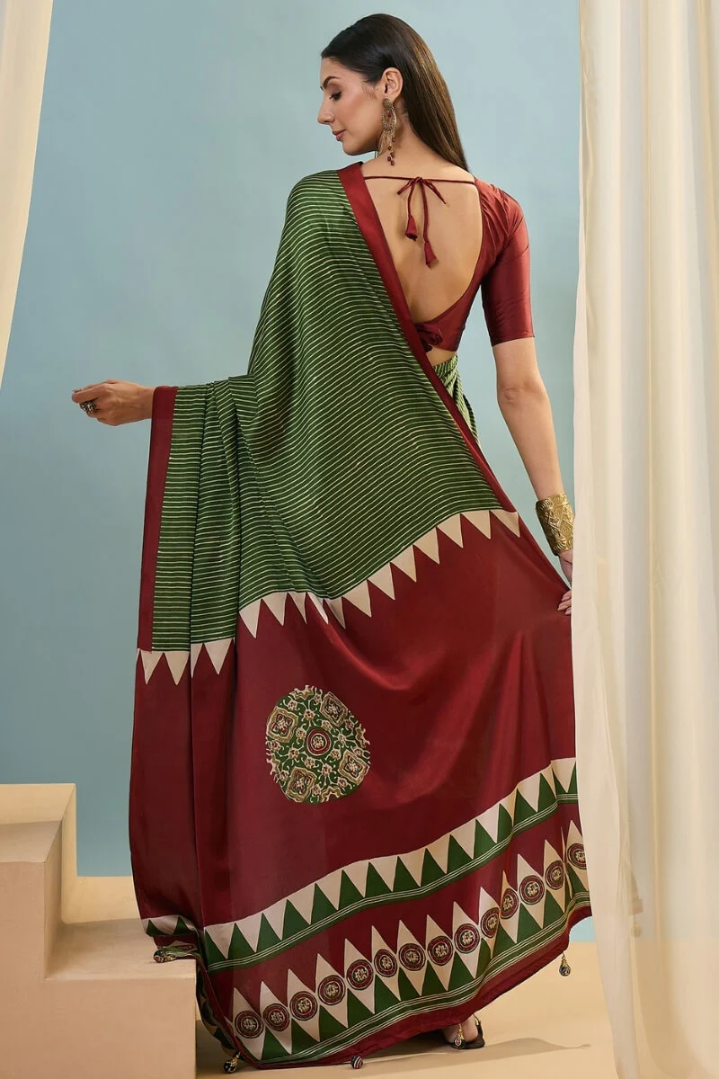 Transcendent Dark Green Ajrakh Printed Semi Modal Silk Saree With Winsome Blouse Piece - Image 6