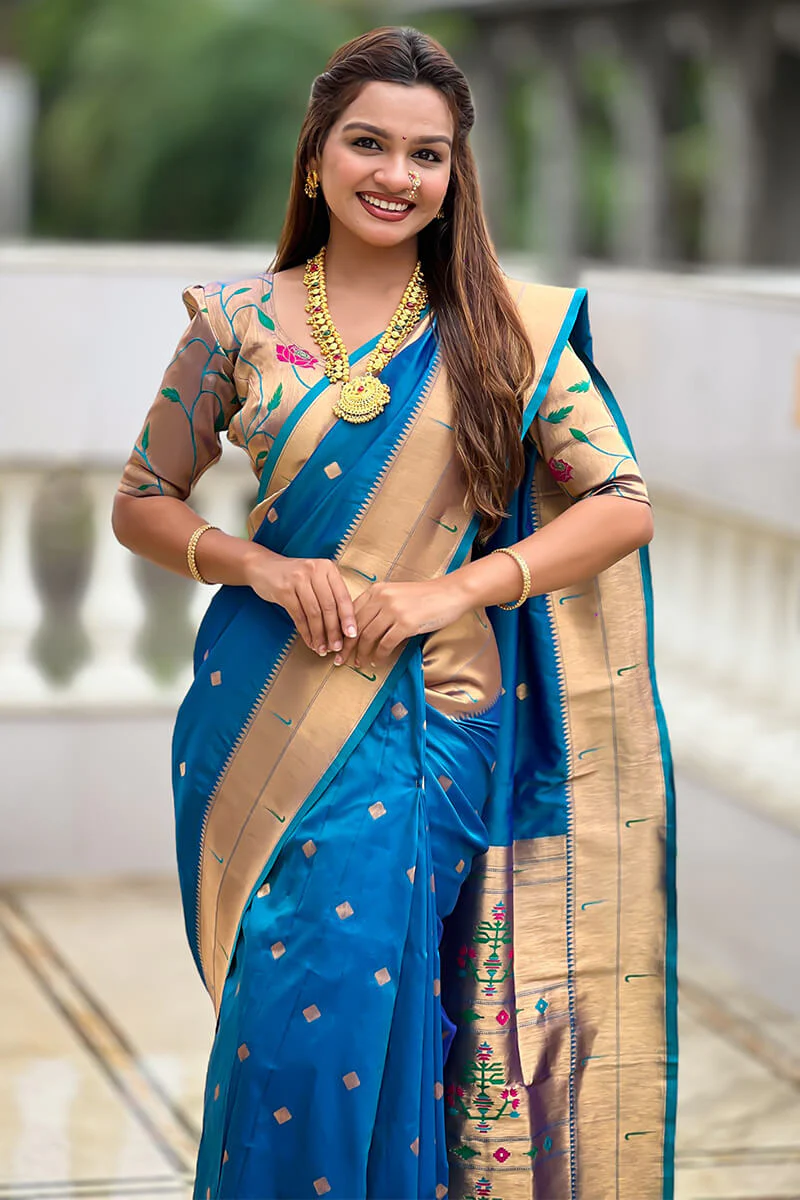 Transcendent Firozi Paithani Silk Saree With Lovely Blouse Piece - Image 2