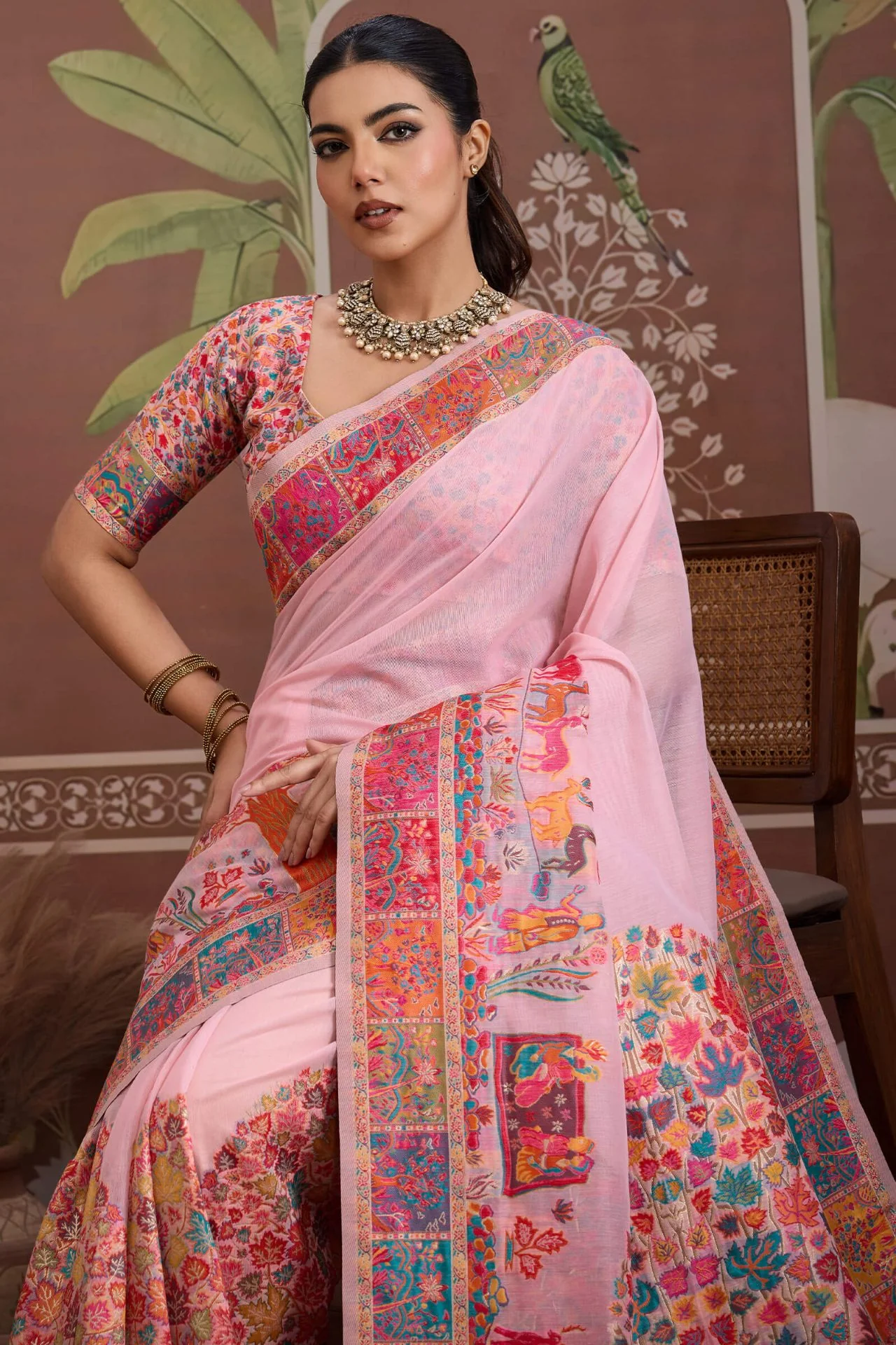 Transcendent Pink Pashmina saree With Flamboyant Blouse Piece - Image 2