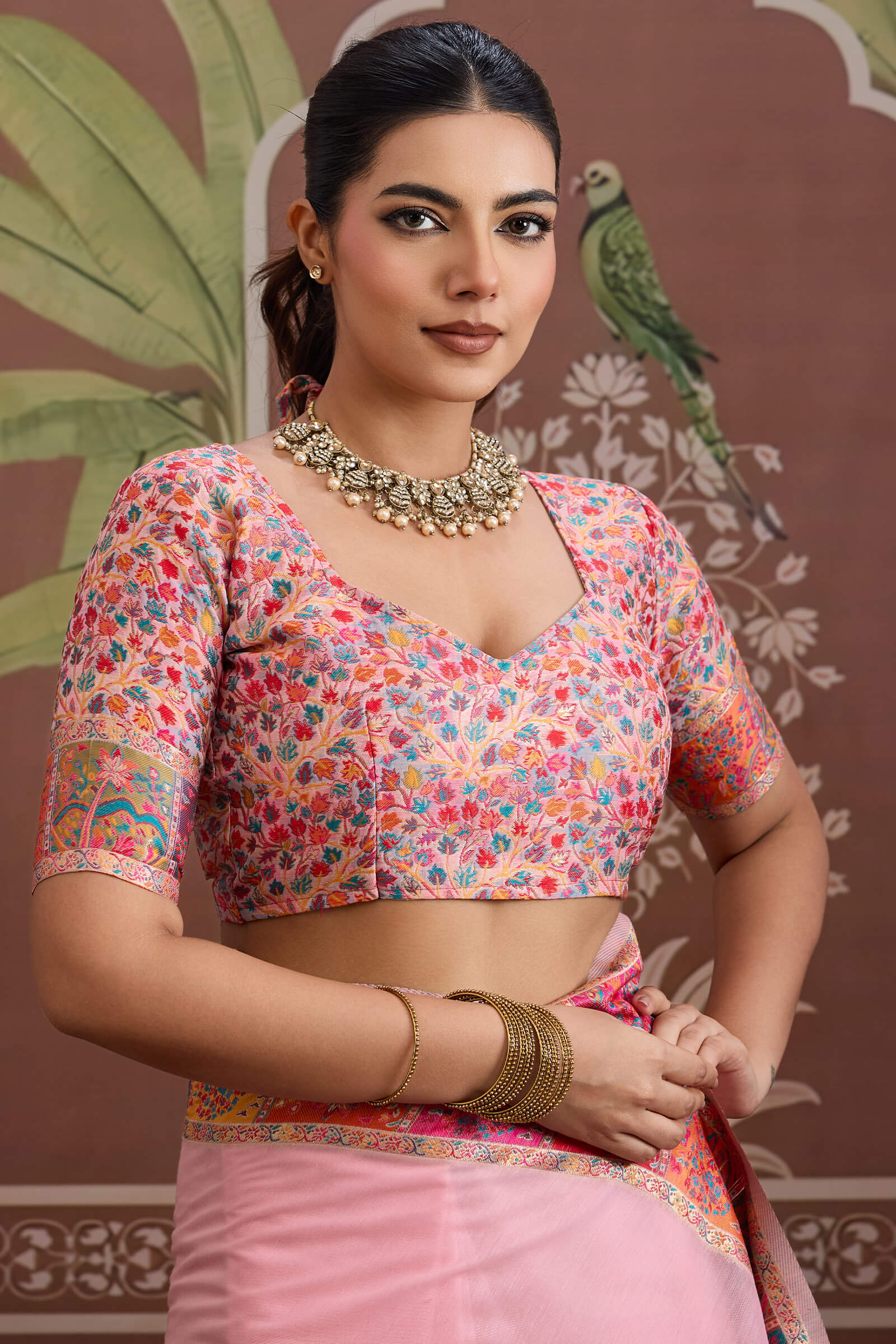 Transcendent Pink Pashmina saree With Flamboyant Blouse Piece - Image 4