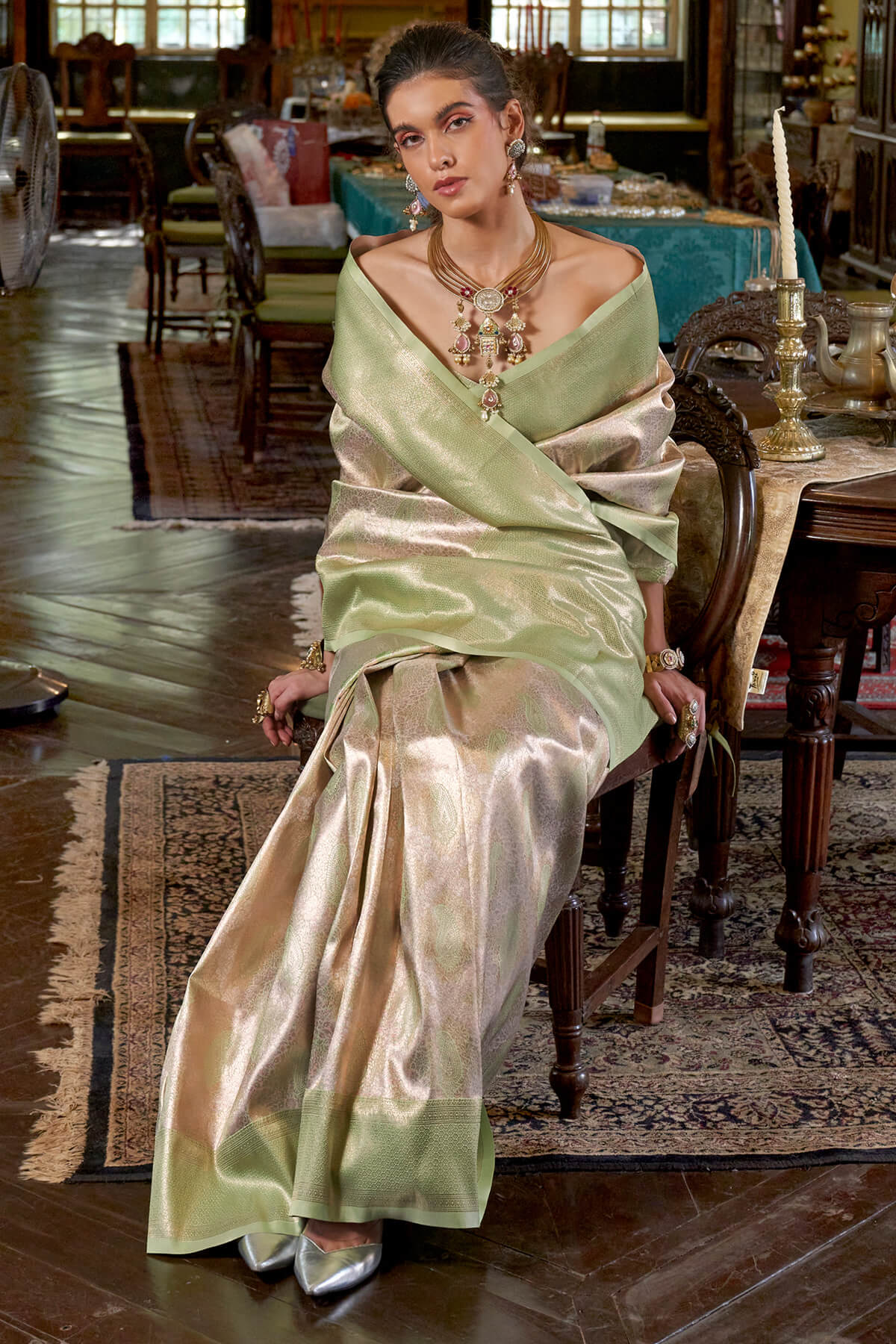 Transcendent Pista Kanjivaram Silk Saree With Enthralling Blouse Piece - Image 2