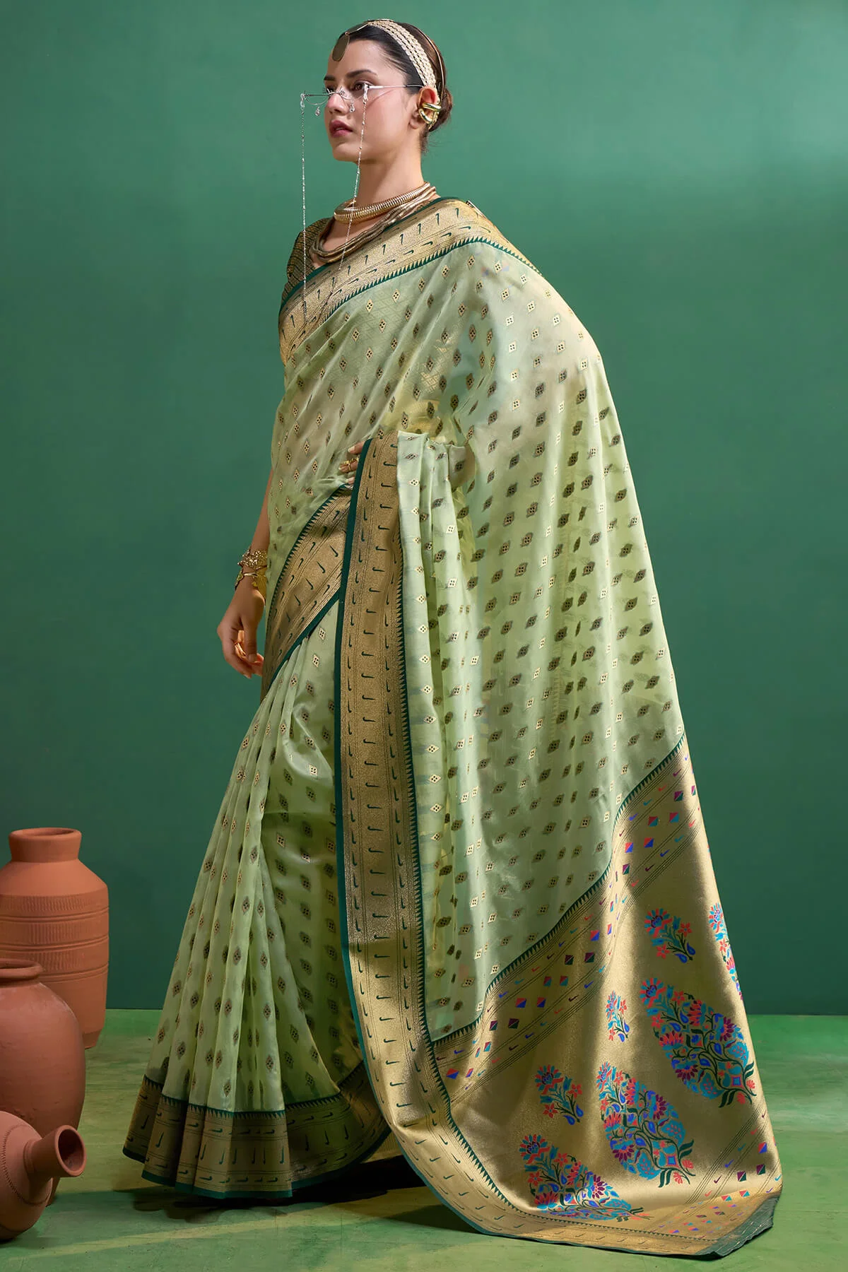 Transcendent Pista Organza Paithani Silk Saree With Diaphanous Blouse Piece - Image 3
