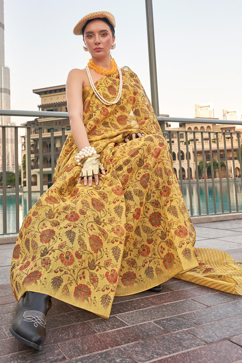 Transcendent Yellow Digital Printed Tissue Silk Saree With Artistic Blouse Piece - Image 2