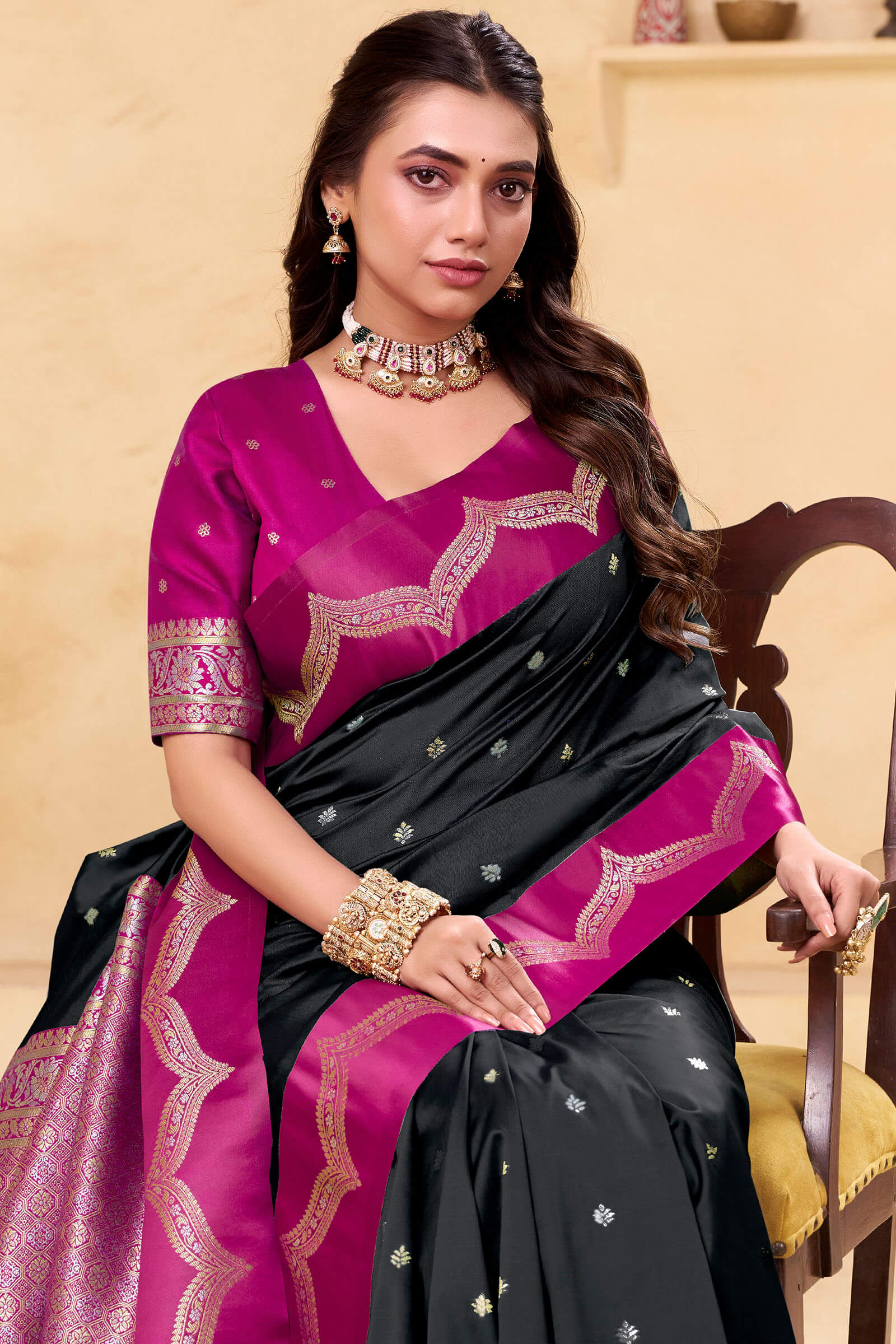 Tremendous Black Banarasi Satin Silk Saree With Dissemble Blouse - Image 2