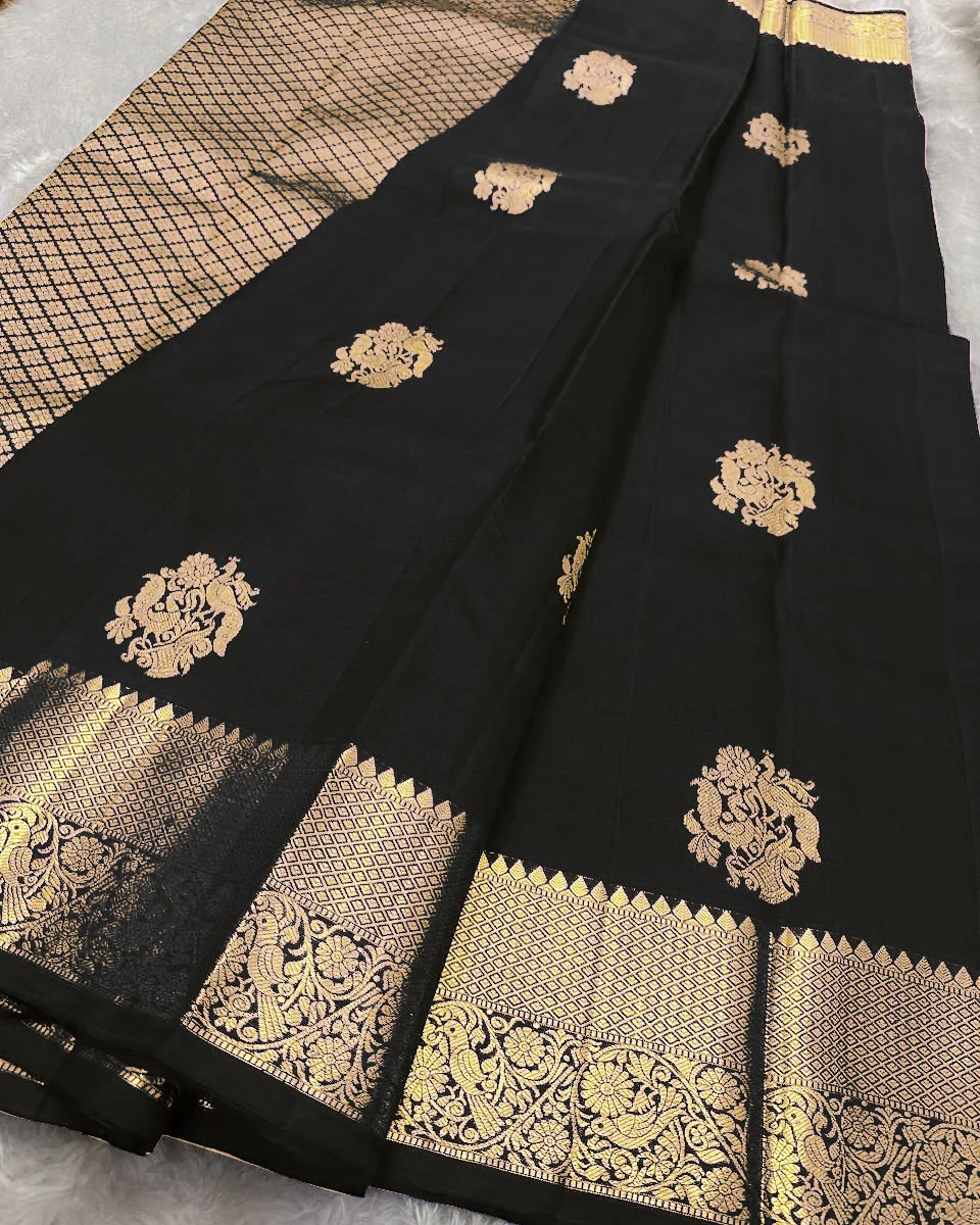 Tremendous Black Soft Banarasi Silk Saree With Pleasurable Blouse Piece - Image 3