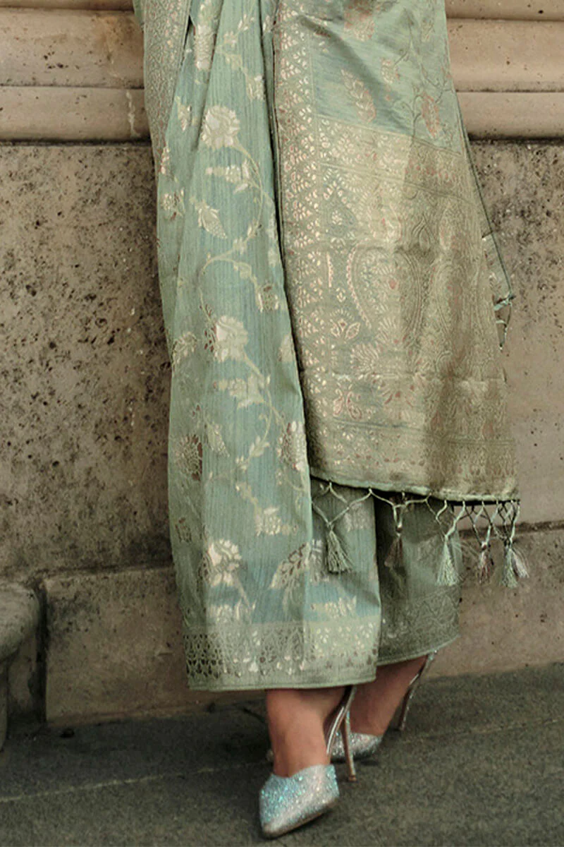 Tremendous Pista Soft Banarasi Silk Saree With Scrumptious Blouse Piece - Image 3