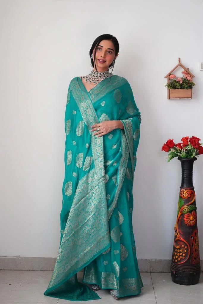 Trendy 1-Minute Ready To Wear Sea Green Soft Silk Saree - Image 2