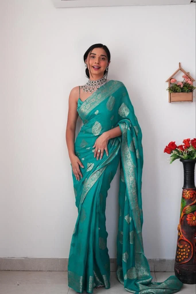Trendy 1-Minute Ready To Wear Sea Green Soft Silk Saree - Image 3