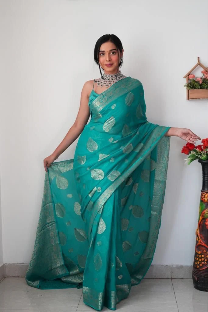 Trendy 1-Minute Ready To Wear Sea Green Soft Silk Saree - Image 4