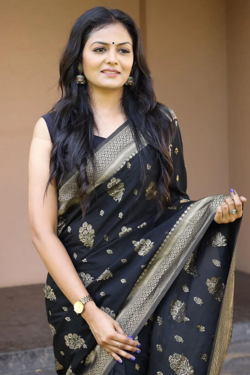 Trendy Black Soft Banarasi Silk Saree With Extraordinary Blouse Piece - Image 2