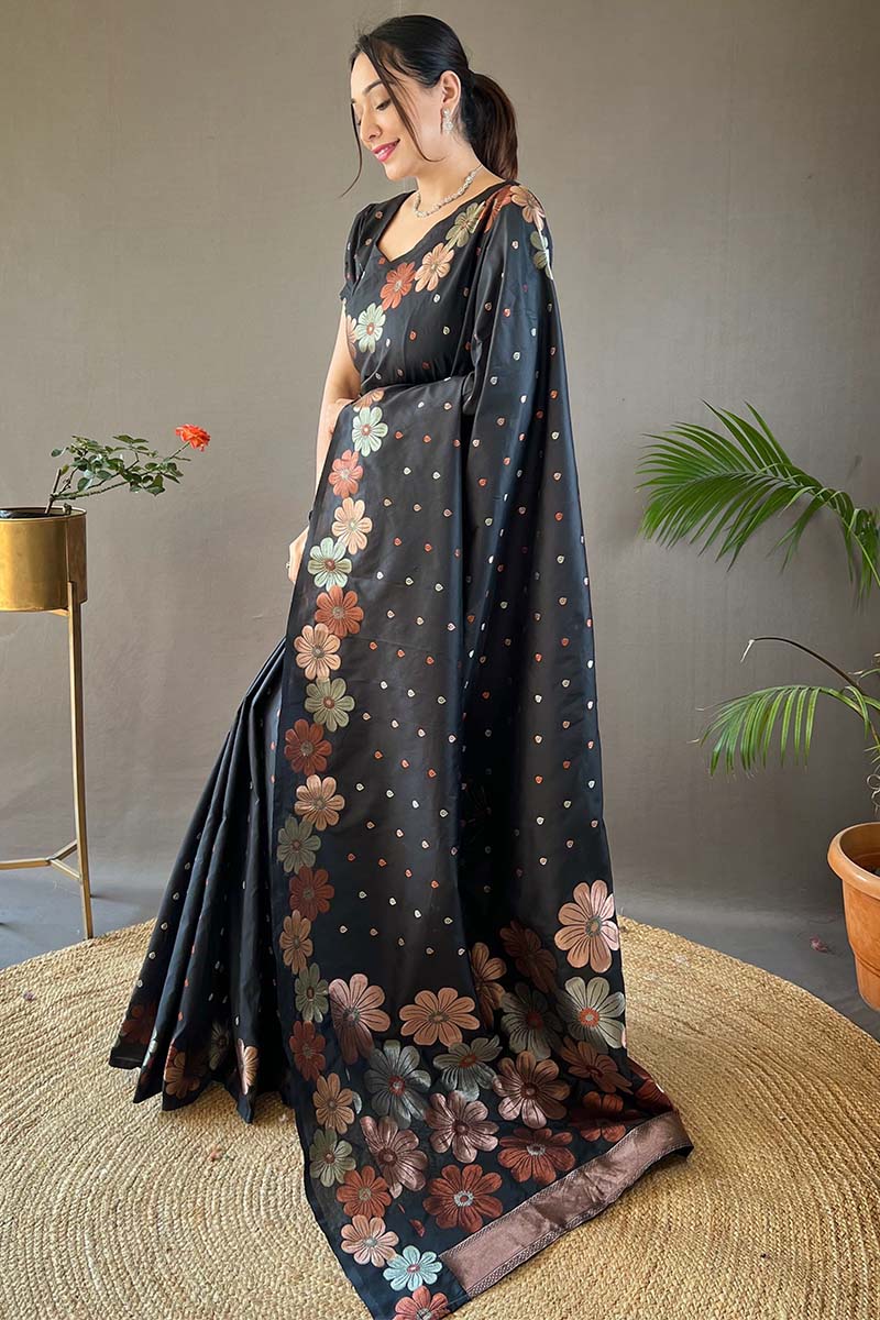 Trendy Black Soft Banarasi Silk Saree With Flattering Blouse Piece - Image 3