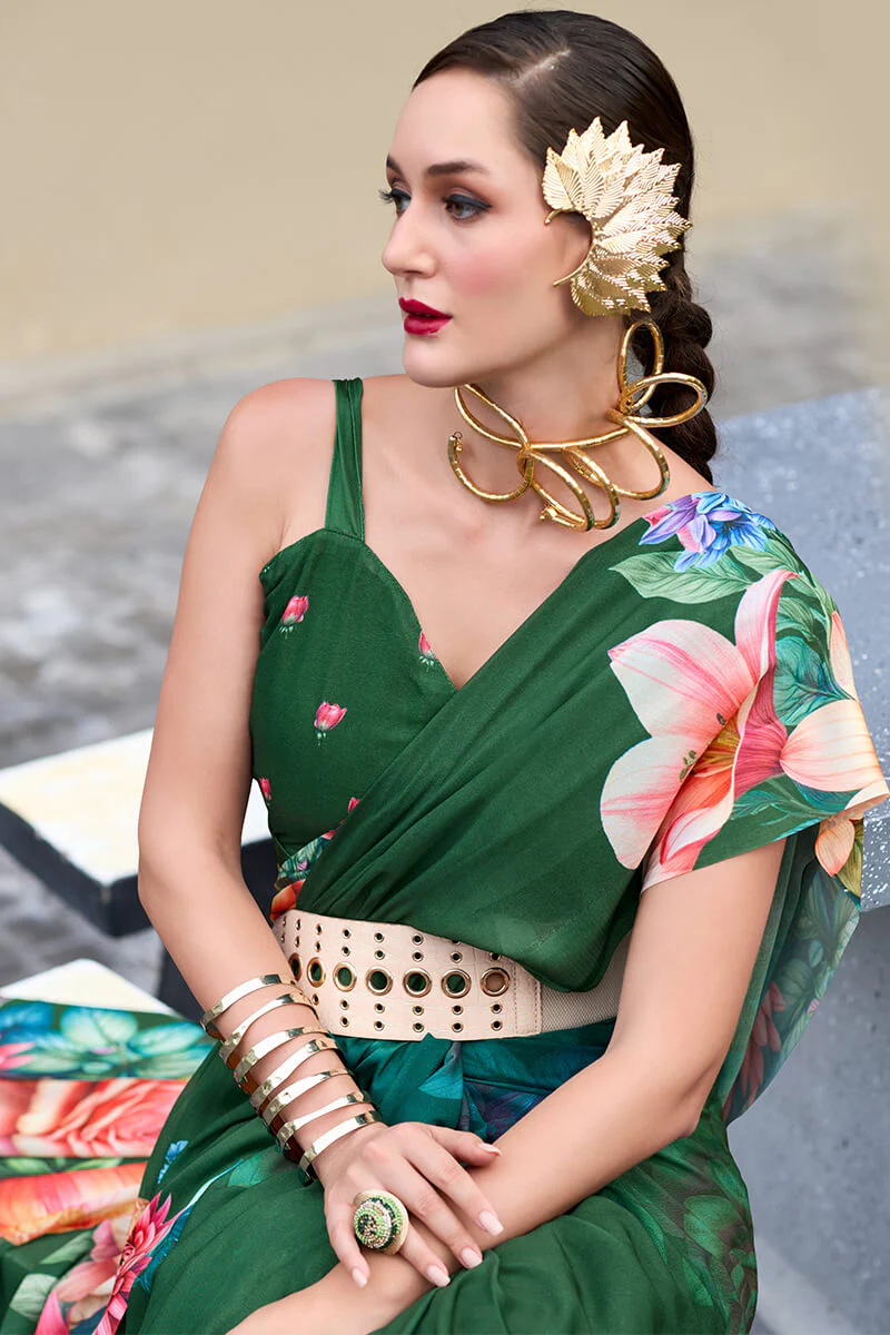 Trendy Dark Green Digital Printed Georgette Saree With Enamoring Blouse Piece - Image 3