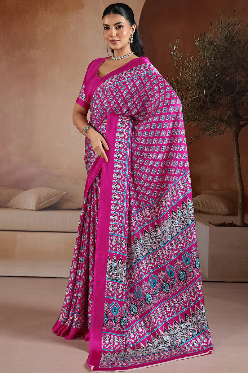 Trendy Dark Pink Ajrakh Printed Satin Silk Saree With Glorious Blouse Piece - Image 3