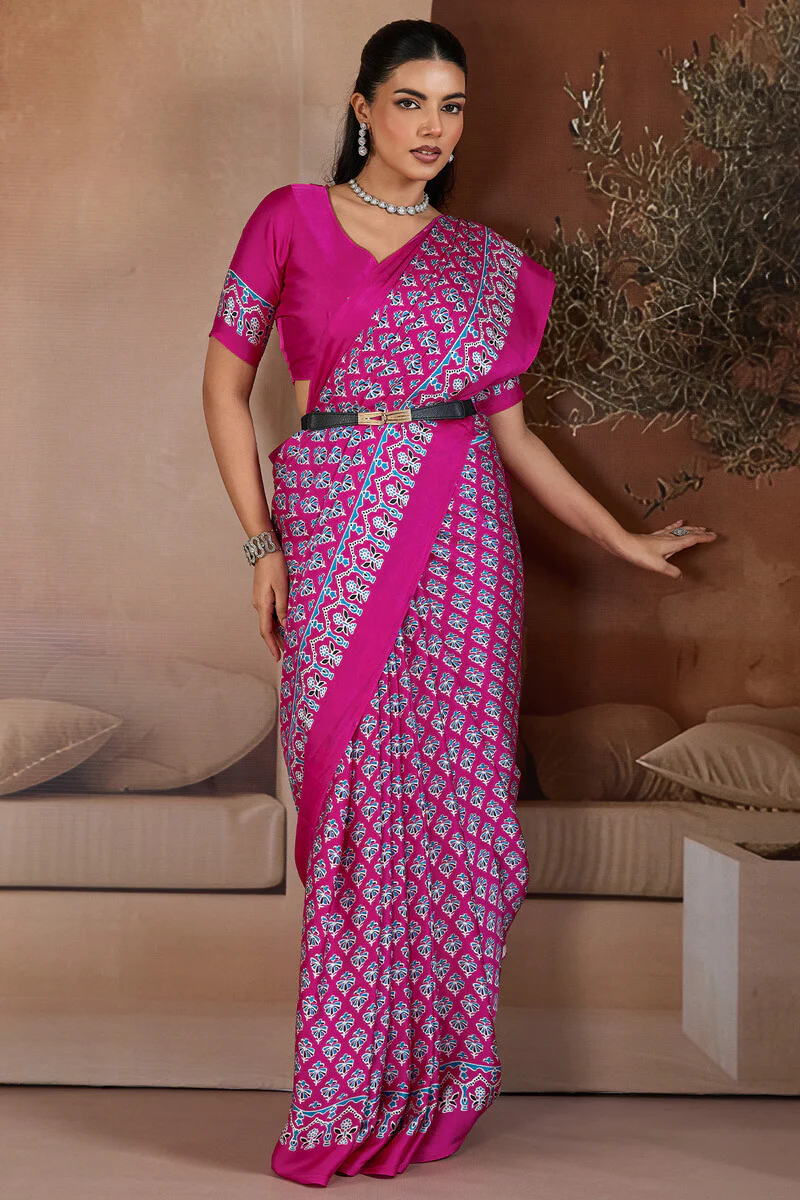 Trendy Dark Pink Ajrakh Printed Satin Silk Saree With Glorious Blouse Piece - Image 5