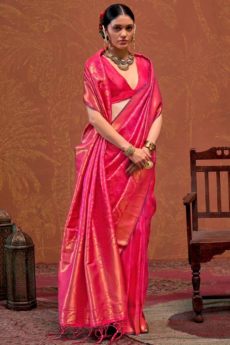 Trendy Dark Pink Kanjivaram Silk Saree With Flattering Blouse Piece - Image 3