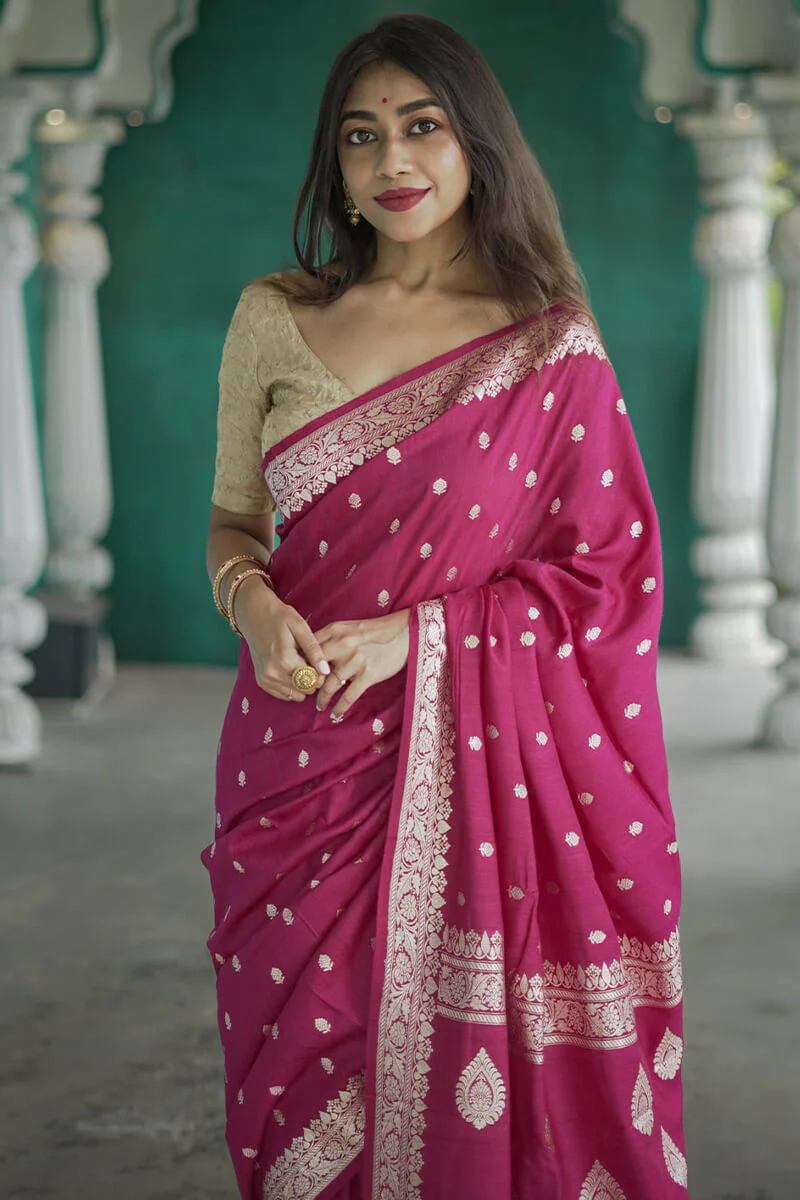 Trendy Dark Pink Linen Silk Saree With Profuse Blouse Piece - Image 4