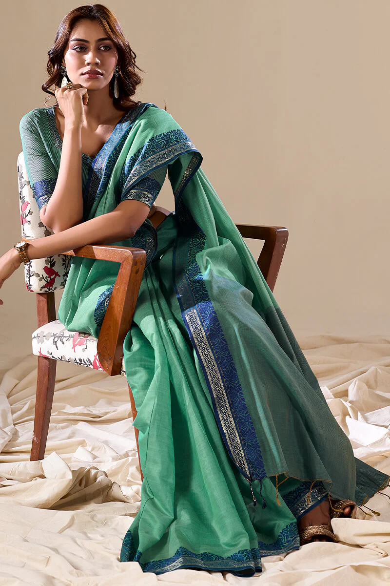Trendy Green Cotton Silk Saree With Stunning Blouse Piece - Image 3