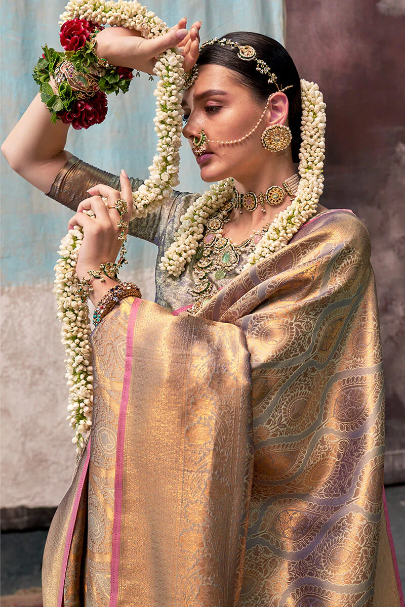 Trendy Grey Kanjivaram Silk Saree With Girlish Blouse Piece - Image 3