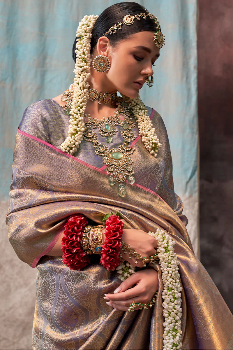 Trendy Grey Kanjivaram Silk Saree With Girlish Blouse Piece - Image 4