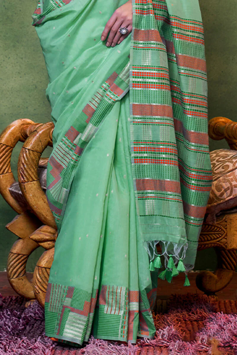 Trendy Sea Green Cotton Silk Saree With Sizzling Blouse Piece - Image 3