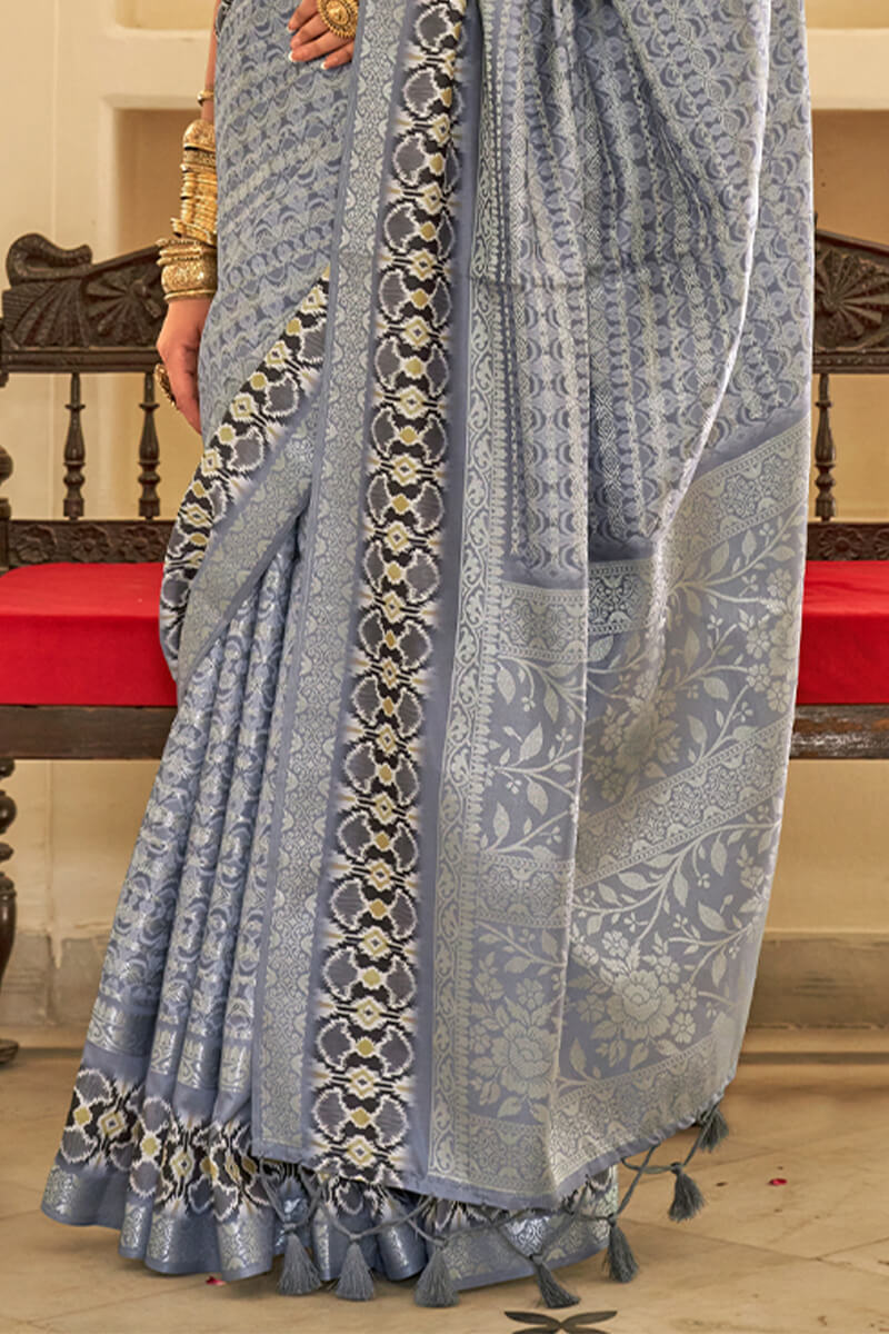 Trendy Silver Digital Printed Soft Silk Saree With Glorious Blouse Piece - Image 3