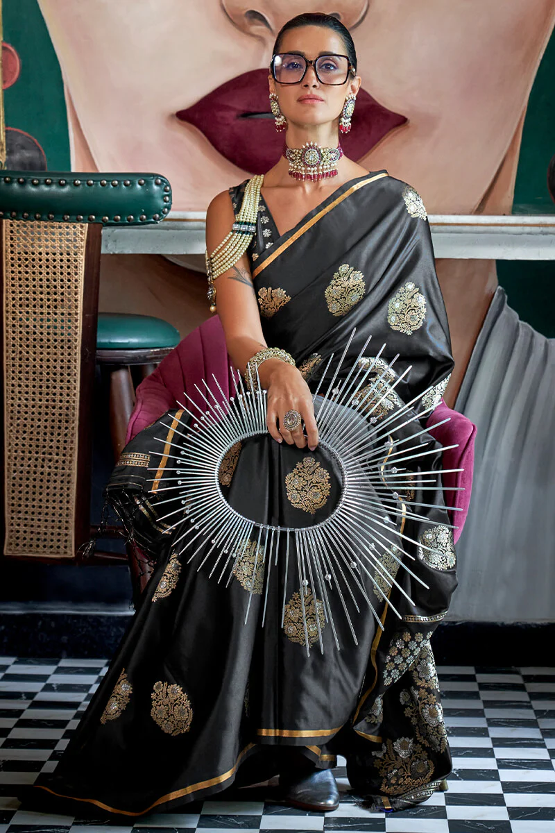 Twirling Black Banarasi Satin Silk Saree With Ideal Blouse - Image 2