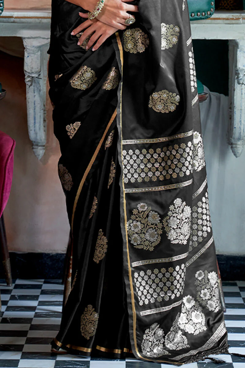 Twirling Black Banarasi Satin Silk Saree With Ideal Blouse - Image 3