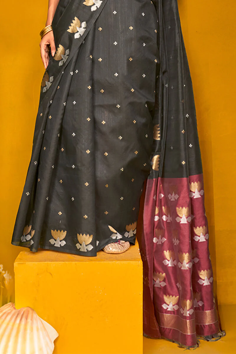 Twirling Black Soft Banarasi Silk Saree With Admirable Blouse Piece - Image 3