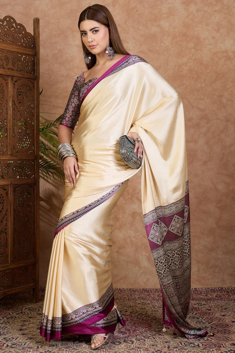 Twirling Off White Ajrakh Printed Semi Modal Silk Saree With Piquant Blouse Piece - Image 3