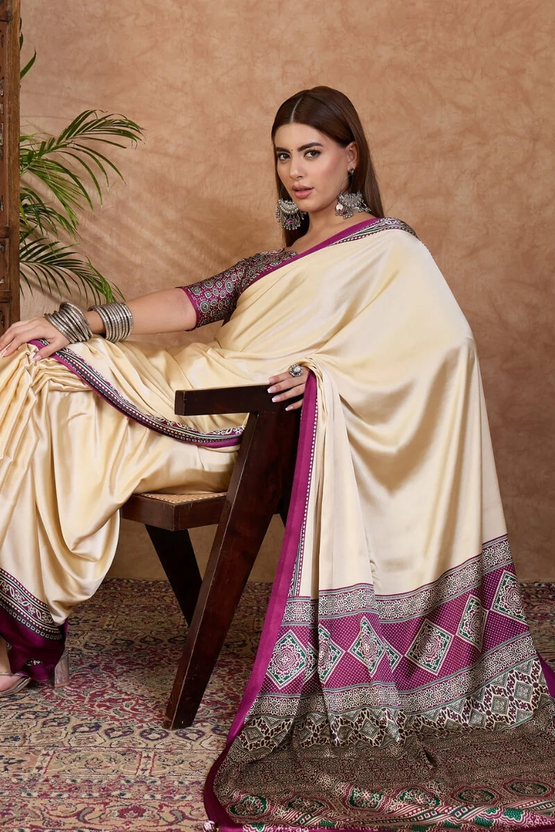 Twirling Off White Ajrakh Printed Semi Modal Silk Saree With Piquant Blouse Piece - Image 4