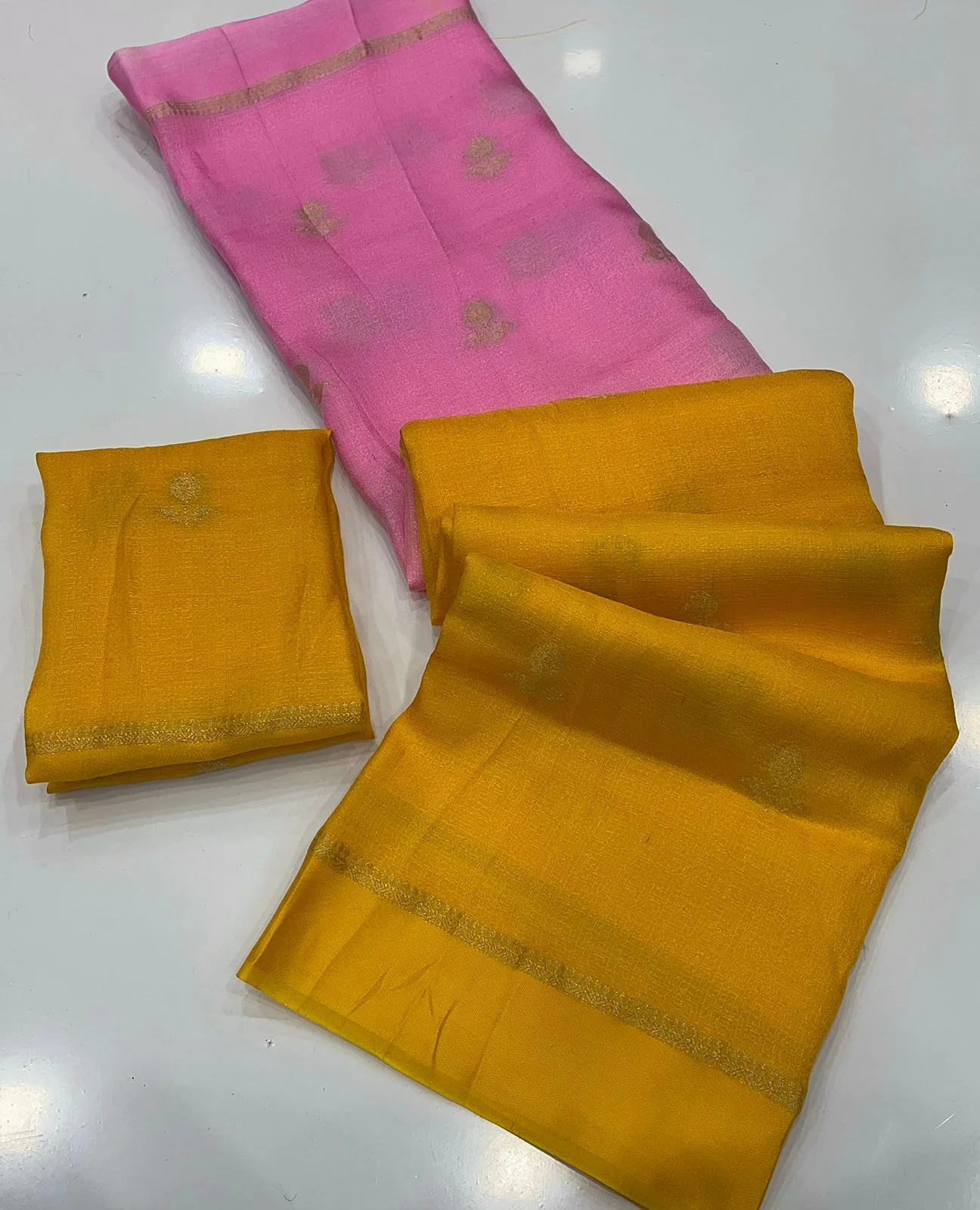 Twirling Pink and Yellow Banarasi Khadi Silk Saree With Effulgent Blouse Piece - Image 2