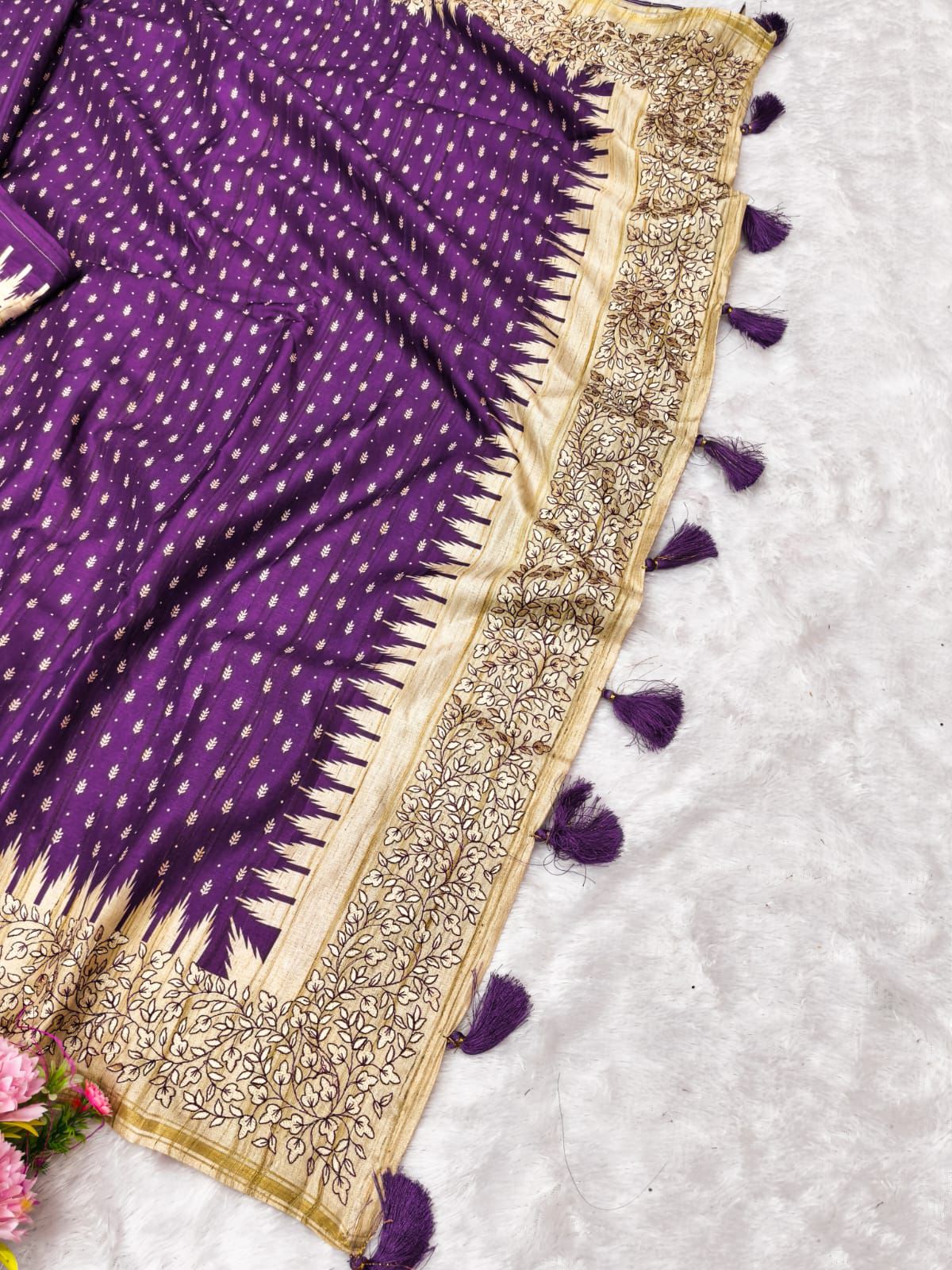 Twirling Purple Embroidery Work Tussar Silk Saree With Felicitous Blouse Piece - Image 2