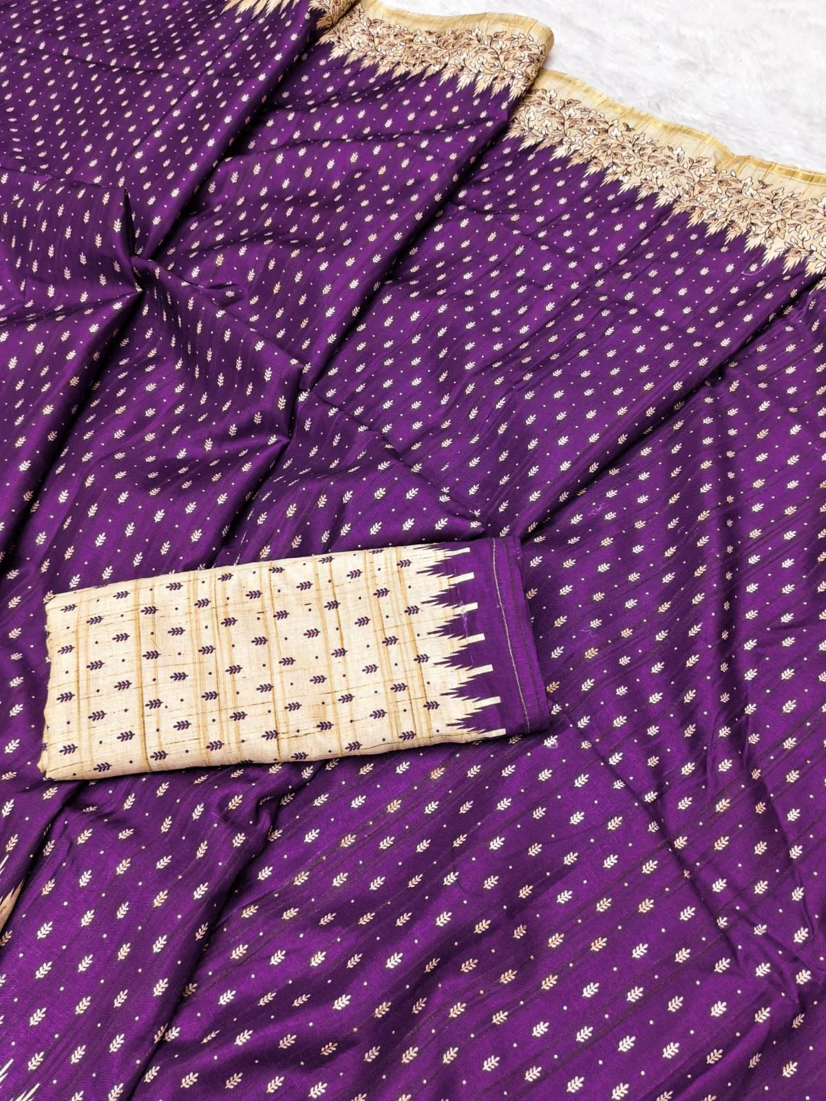 Twirling Purple Embroidery Work Tussar Silk Saree With Felicitous Blouse Piece - Image 3